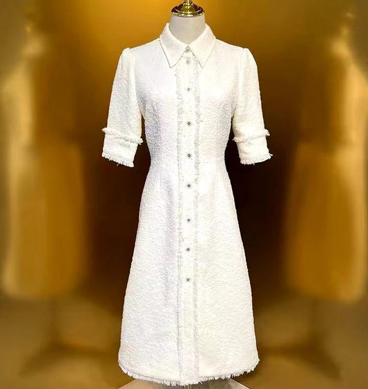 Handmade White Tweed Button Front Dress, runway dress, party dress, Christmas