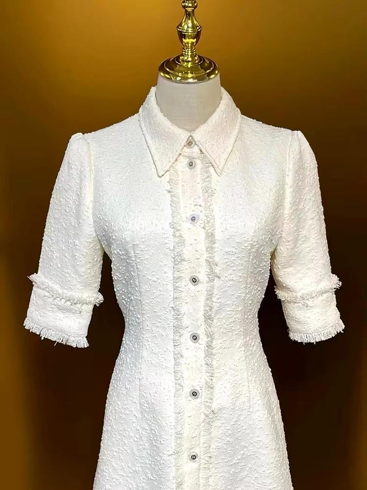 Handmade White Tweed Button Front Dress, runway dress, party dress, Christmas