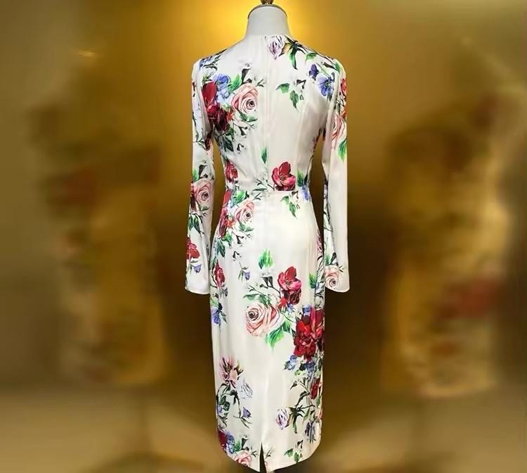 CRUISE 2025 Handmade Italian Silk long sleeve midi dress, Floral Sicilian Dress, Runway Dress, Dolce Vita Style Dress