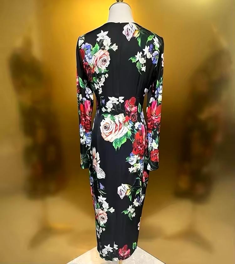 CRUISE 2025 Handmade Italian Silk long sleeve midi dress, Floral Sicilian Dress, Runway Dress, Dolce Vita Style Dress