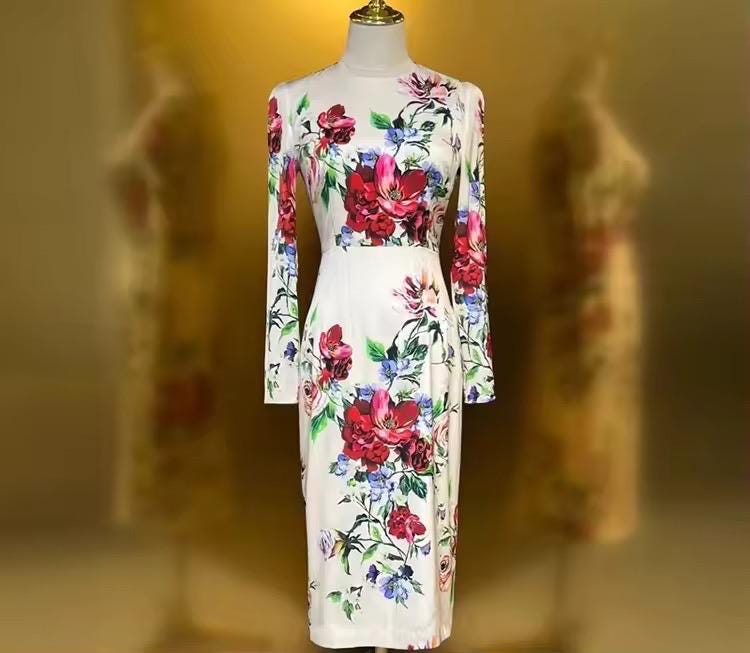 CRUISE 2025 Handmade Italian Silk long sleeve midi dress, Floral Sicilian Dress, Runway Dress, Dolce Vita Style Dress