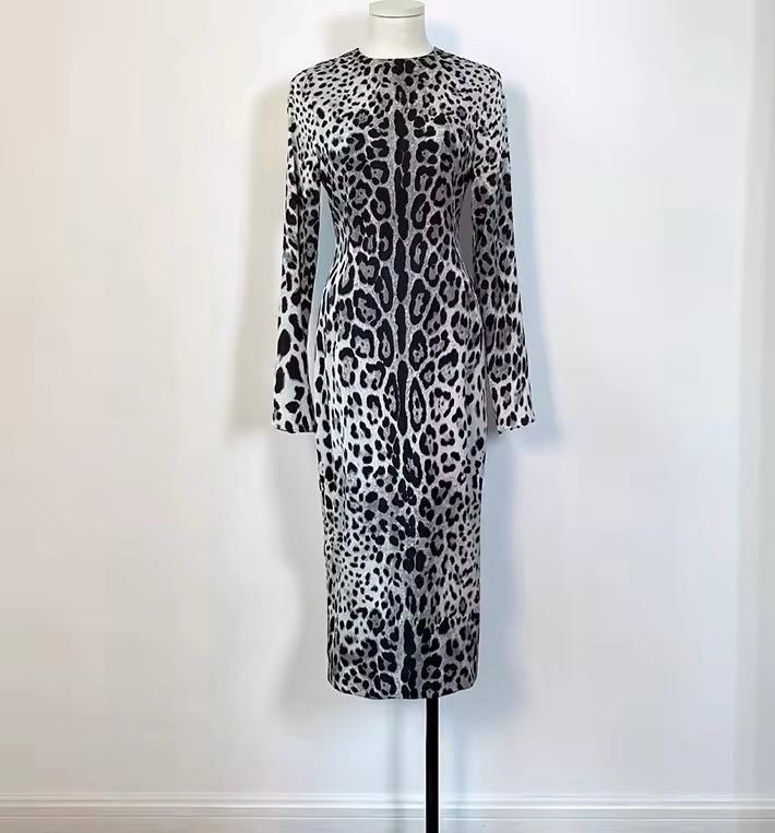 Handmade Italian (Gray Leo print) long sleeve pure silk dress, Sicilian Dress, Cruise 2025 Dress, Runway Dress, Dolce Vita Dress