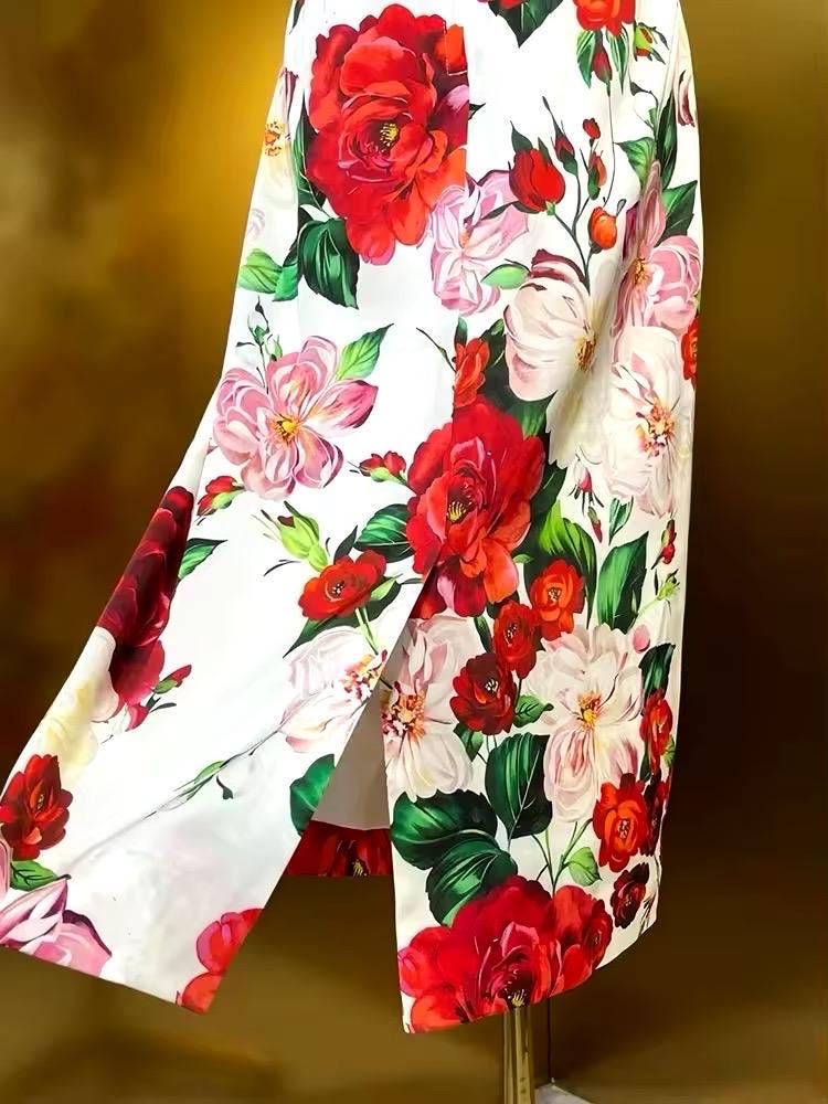 CRUISE 2025 Handmade Italian Floral print silk dress, Sicilian Dress, Italian style, Summer Dress, Dolce vita style, luxury dress (WHITE)