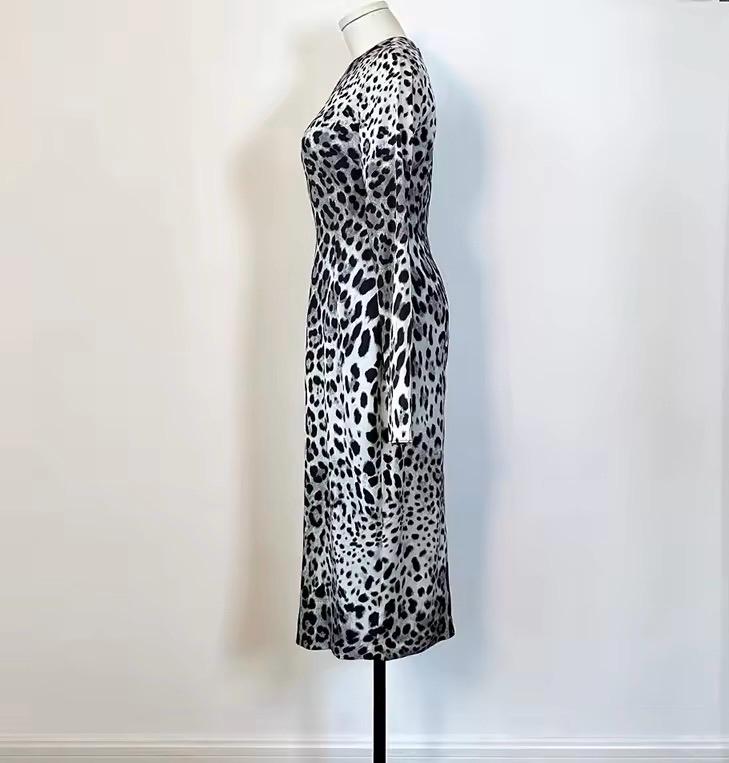 Handmade Italian (Gray Leo print) long sleeve pure silk dress, Sicilian Dress, Cruise 2025 Dress, Runway Dress, Dolce Vita Dress