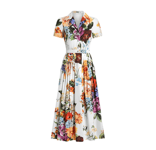 Italian August Flowers print 100% cotton shirt dress - Dress By Vicky