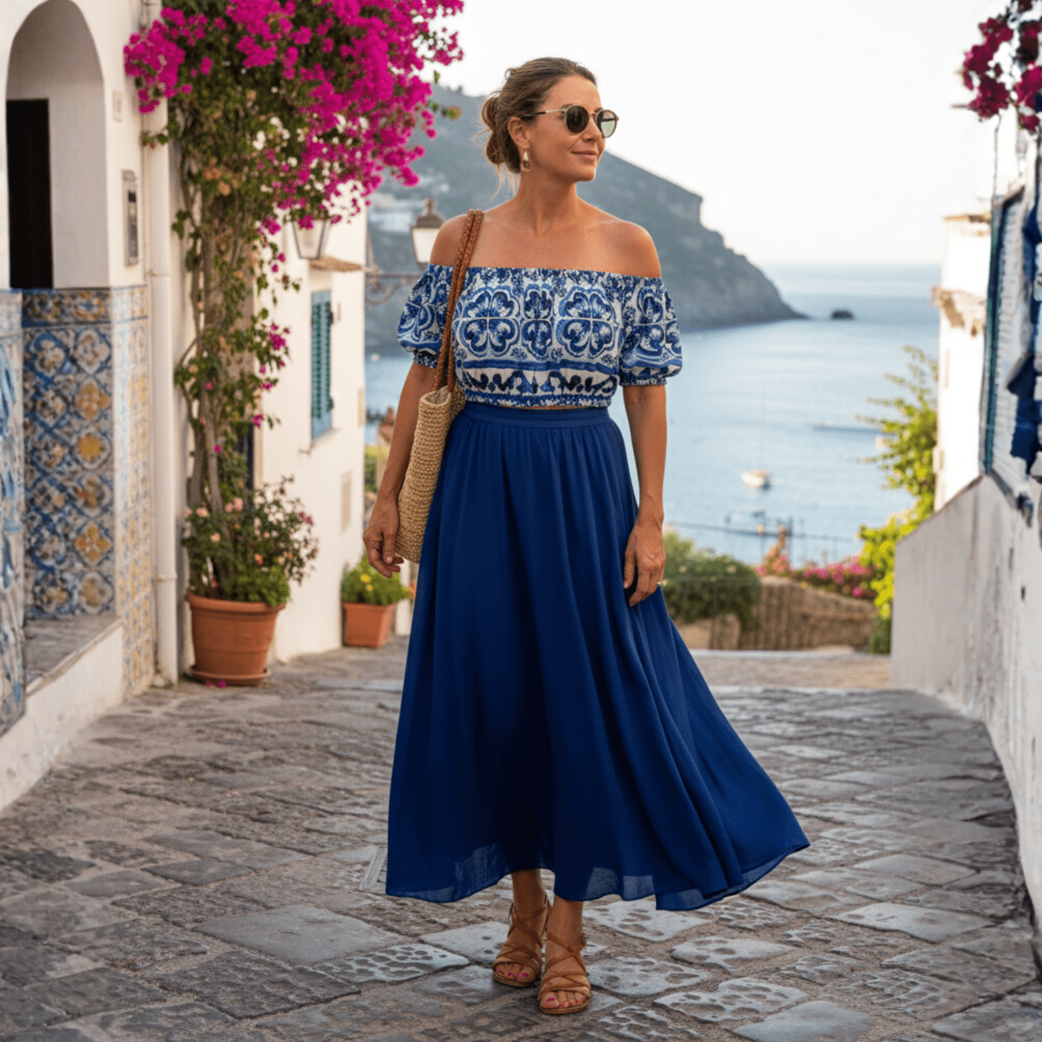 Italian designer Porcelain Majolica tiles print off shoulders 100% cotton top (blue / red) - Dress By Vicky