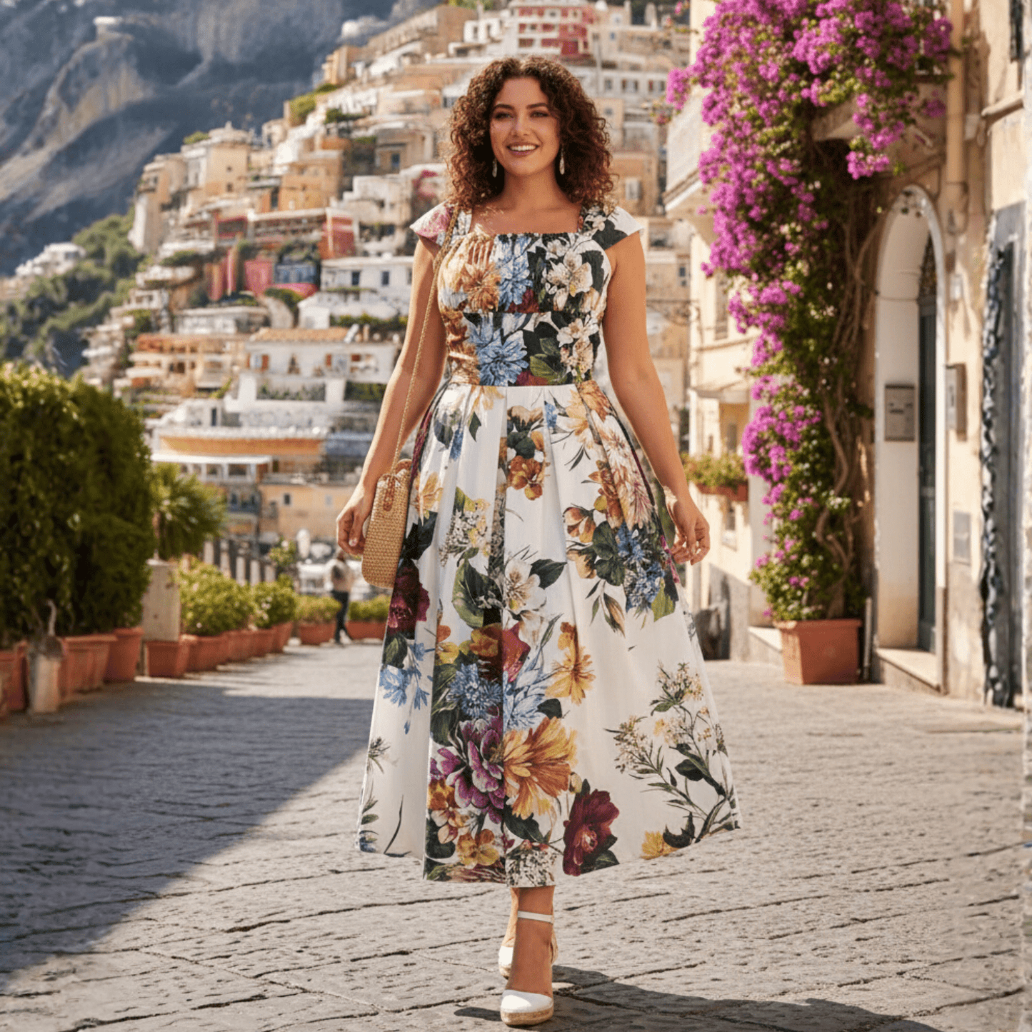 Italian floral print cap sleeve 100% cotton midi dress - Dress By Vicky