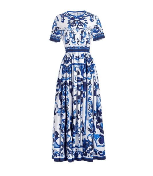 Italian Luxury Blue Tiles Majolica short sleeve 100% cotton dress - Dress By Vicky
