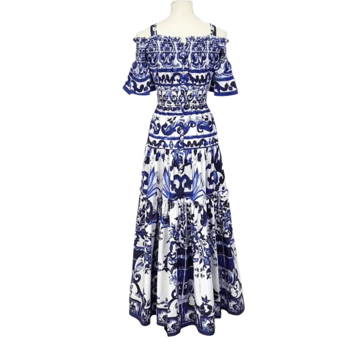Italian Luxury designer Blue Majolica print 100% cotton off shoulder dress - Dress By Vicky