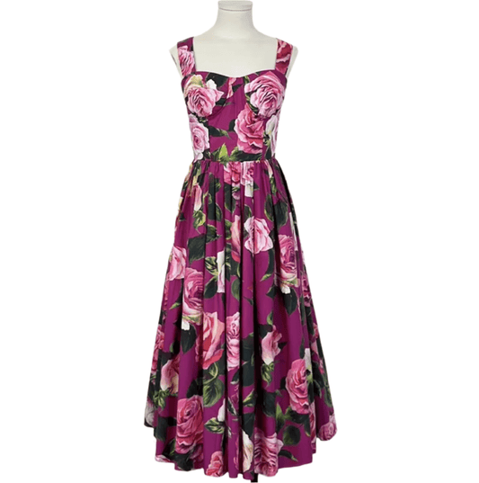 Italian Luxury designer Magenta Roses print push up 100% cotton dress - Dress By Vicky