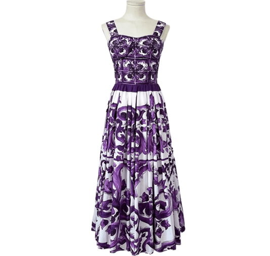 Italian Luxury designer Purple Majolica print push up 100% cotton dress - Dress By Vicky