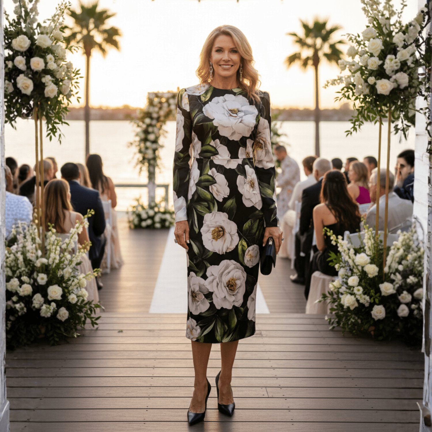 Italian Luxury Designer White Roses print long sleeve 100% silk dress