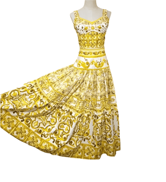 Italian Luxury designer Yellow Majolica Tile print 100% cotton maxi skirt - Dress By Vicky