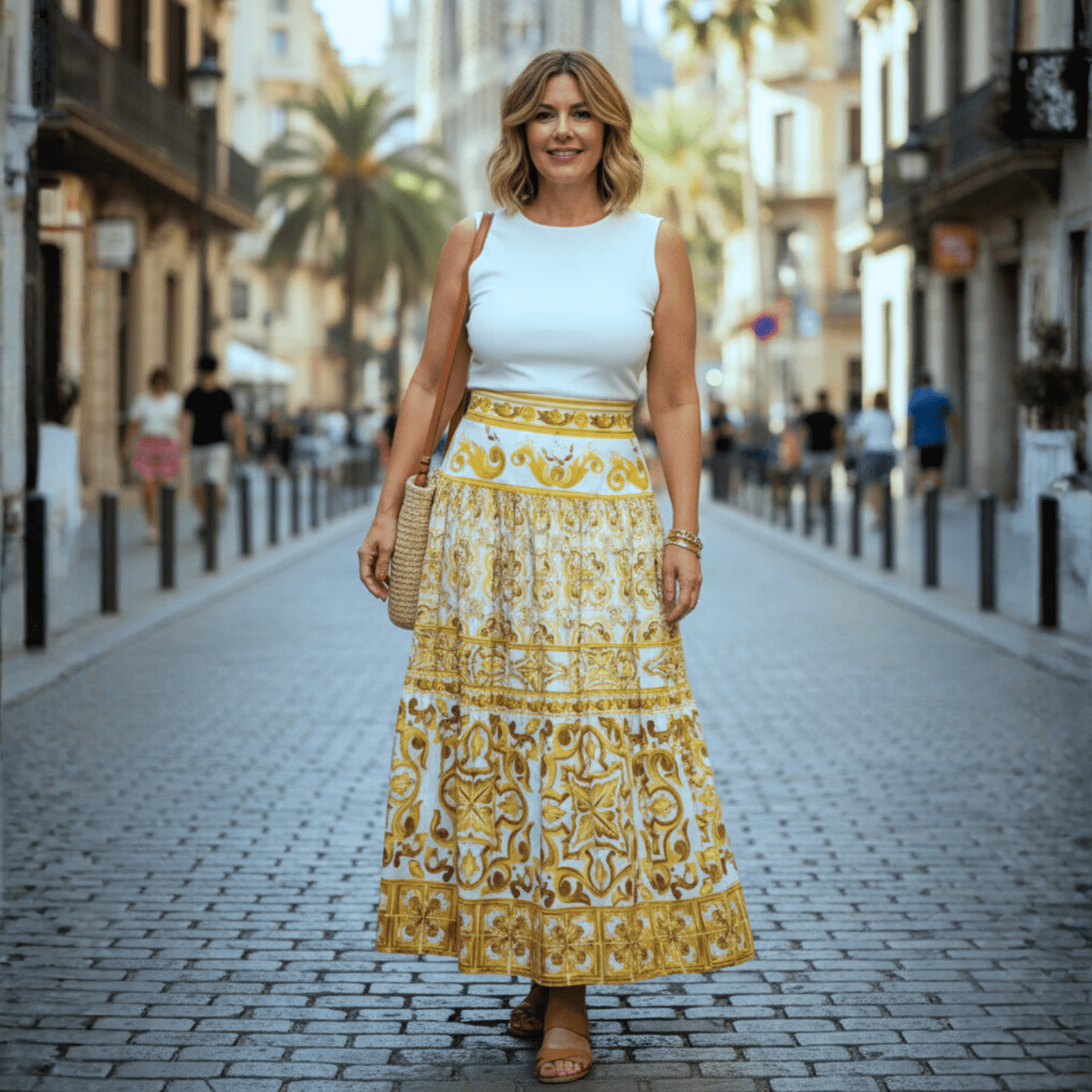 Italian Luxury designer Yellow Majolica Tile print 100% cotton maxi skirt - Dress By Vicky