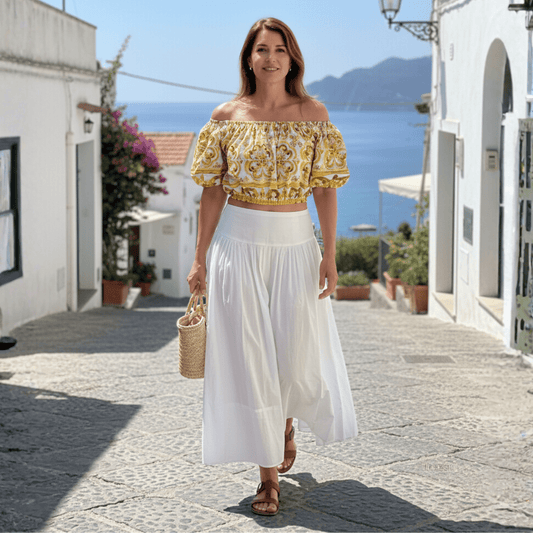 Italian Luxury Designer Yellow majolica tiles print 100% cotton top - Dress By Vicky