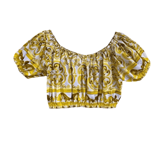 Italian Luxury Designer Yellow majolica tiles print 100% cotton top - Dress By Vicky