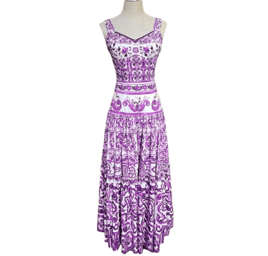 Italian Luxury Lavender Majolica print 100% cotton 3 tier gathered skirt - Dress By Vicky