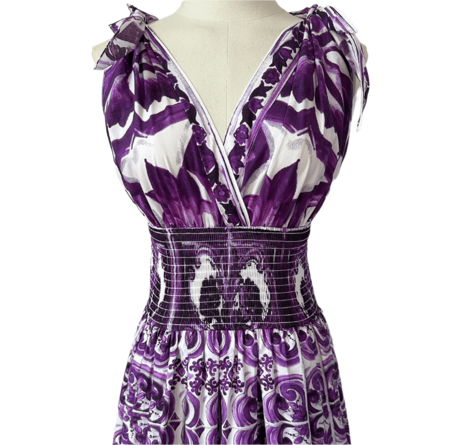 Italian Luxury Purple Majolica print 100% cotton bow shoulder maxi dress - Dress By Vicky