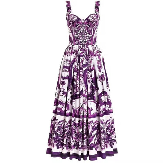 Italian Luxury Purple Majolica print 100% cotton dress - Dress By Vicky