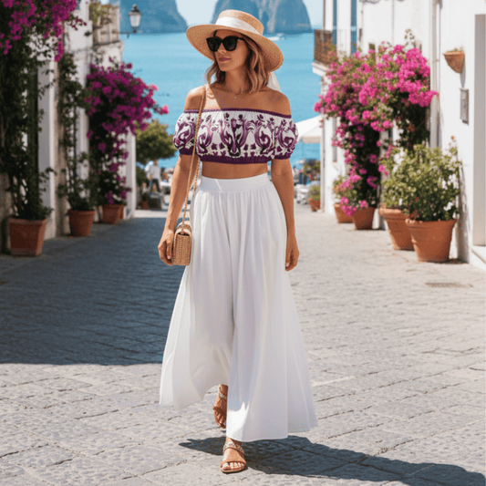 Italian Luxury Purple Majolica print 100% cotton off shoulder top - Dress By Vicky