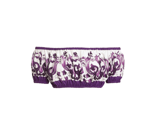 Italian Luxury Purple Majolica print 100% cotton off shoulder top - Dress By Vicky