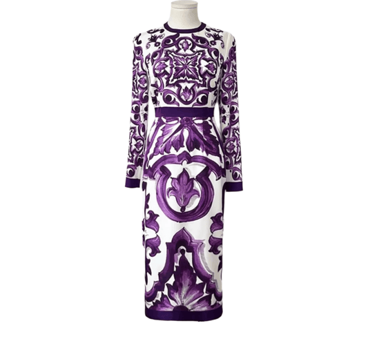 Italian Luxury Purple Majolica print 100% silk dress - Dress By Vicky