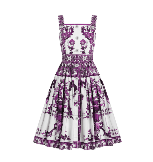 Italian Luxury Purple Majolica print button front 100% cotton dress - Dress By Vicky
