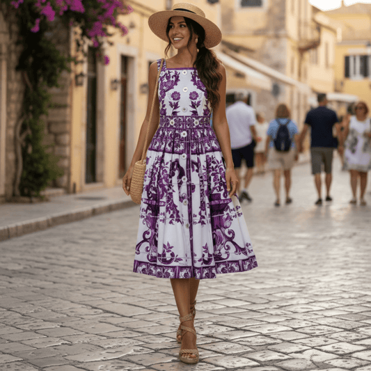 Italian Luxury Purple Majolica print button front 100% cotton dress - Dress By Vicky