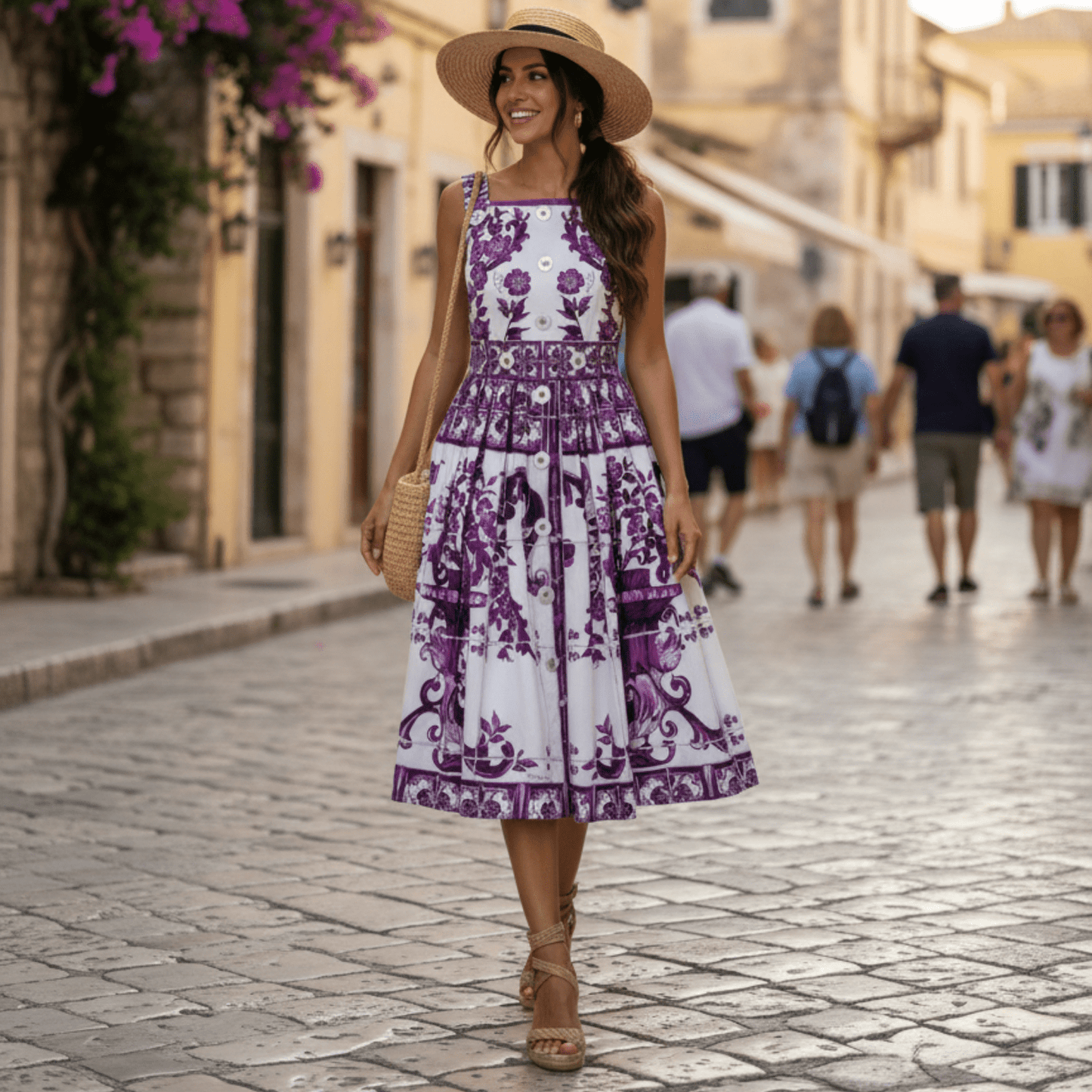 Italian Luxury Purple Majolica print button front 100% cotton dress - Dress By Vicky