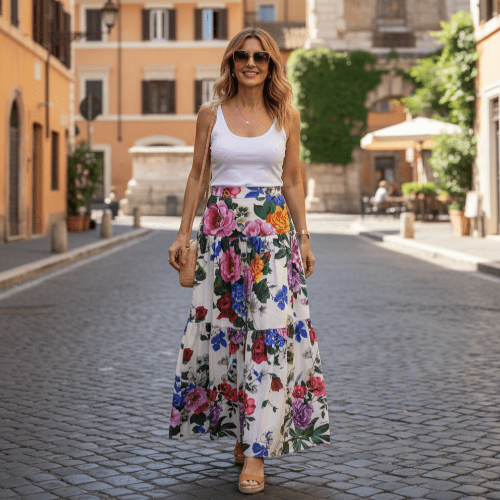 Italian Luxury Roses & Violets print 100% cotton 3 tier gathered skirt - Dress By Vicky