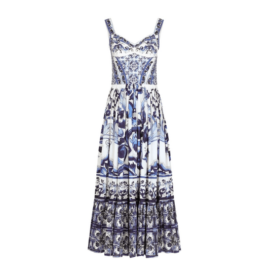 Italian Luxury Tiles Blue Majolica print 100% cotton dress - Dress By Vicky