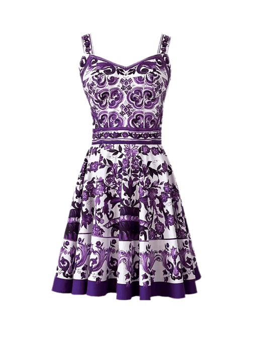 Italian Purple Majolica print 100% cotton mini dress - Dress By Vicky
