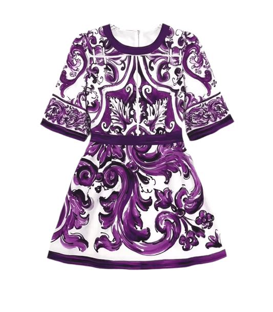 Italian Purple Majolica print short sleeve cotton mini dress - Dress By Vicky