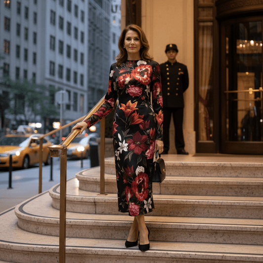 Italian Red Lilies print 100% silk long sleeve dress - Dress By Vicky