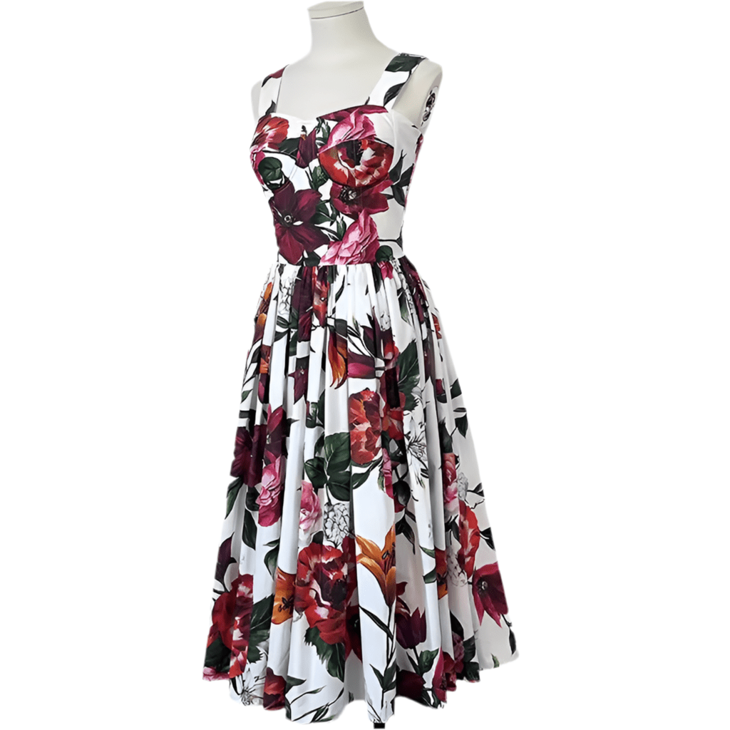 Italian Red Lilies print push up 100% cotton dress - Dress By Vicky