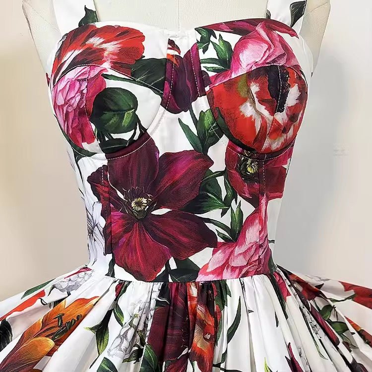 Italian Red Lilies print push up 100% cotton dress - Dress By Vicky