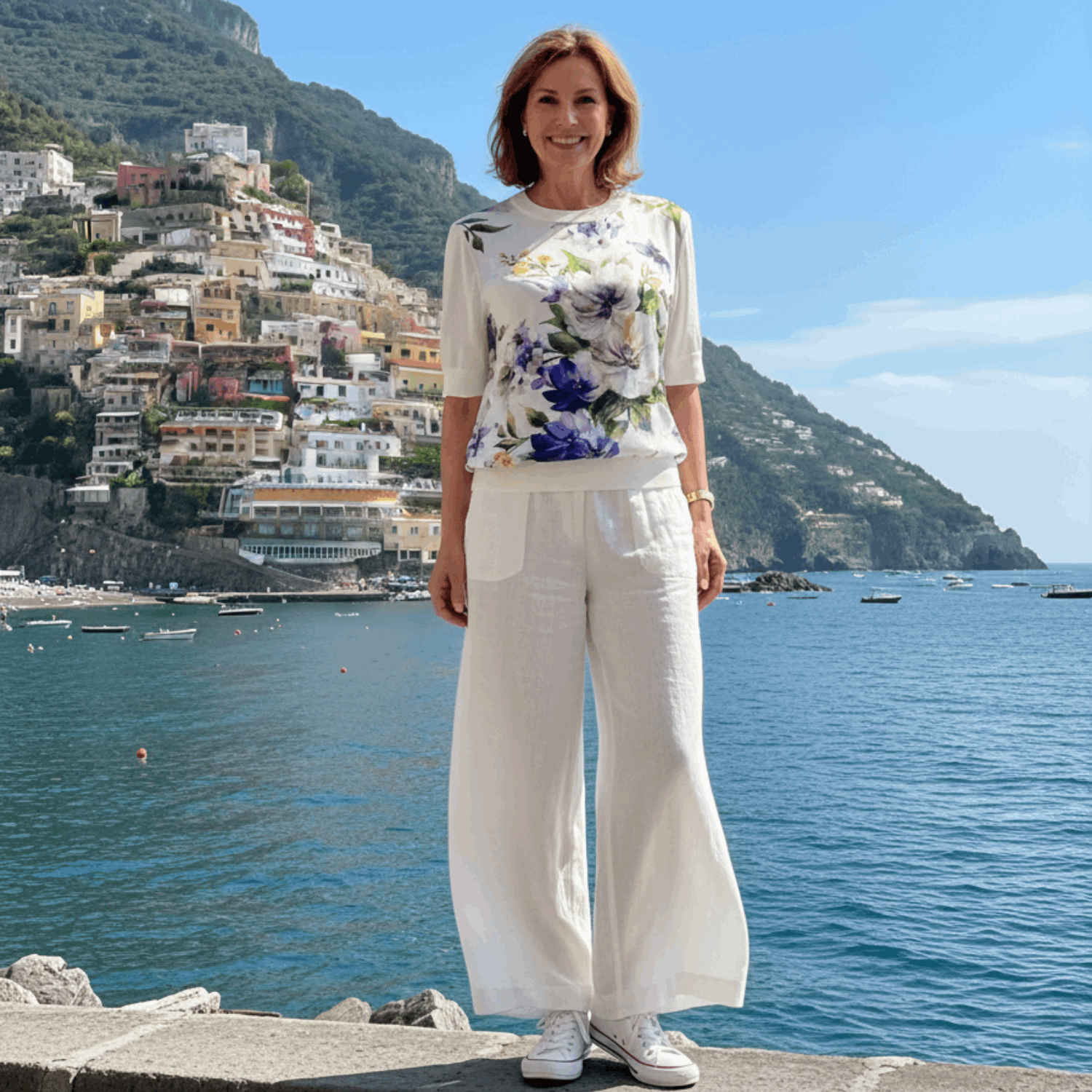 Italian Summer White Floral Silk & Wool Knitted Top