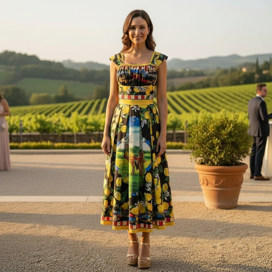 Woman in a colorful dress standing outdoors with a vineyard background