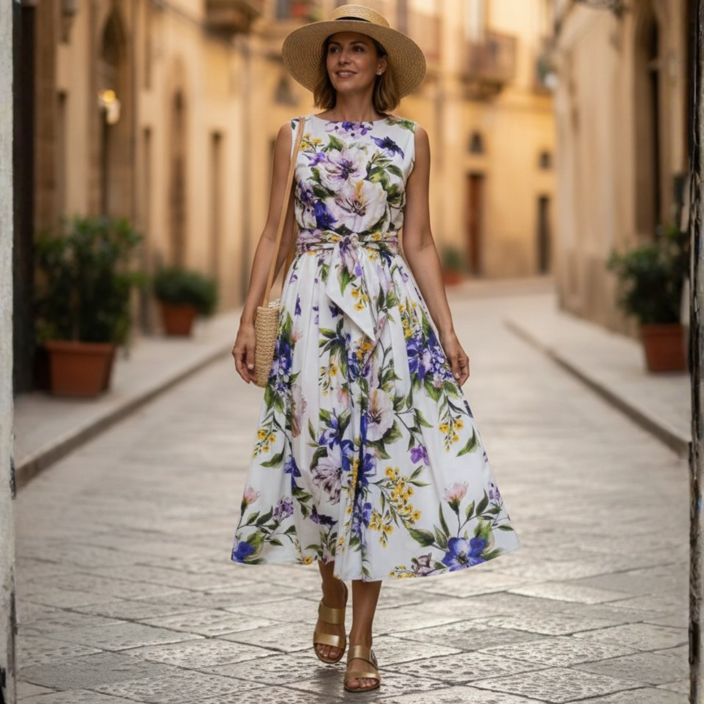 Italian Summer White Floral Cotton Midi Dress with Tie Belt