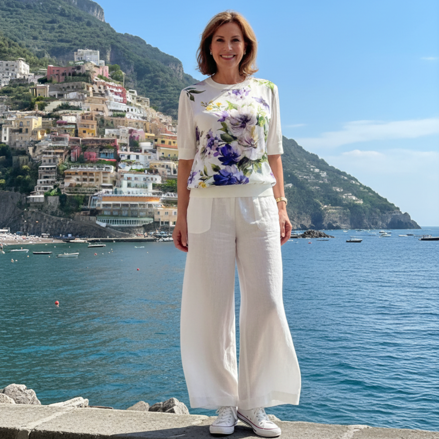 Italian Summer White Floral Silk & Wool Knitted Top