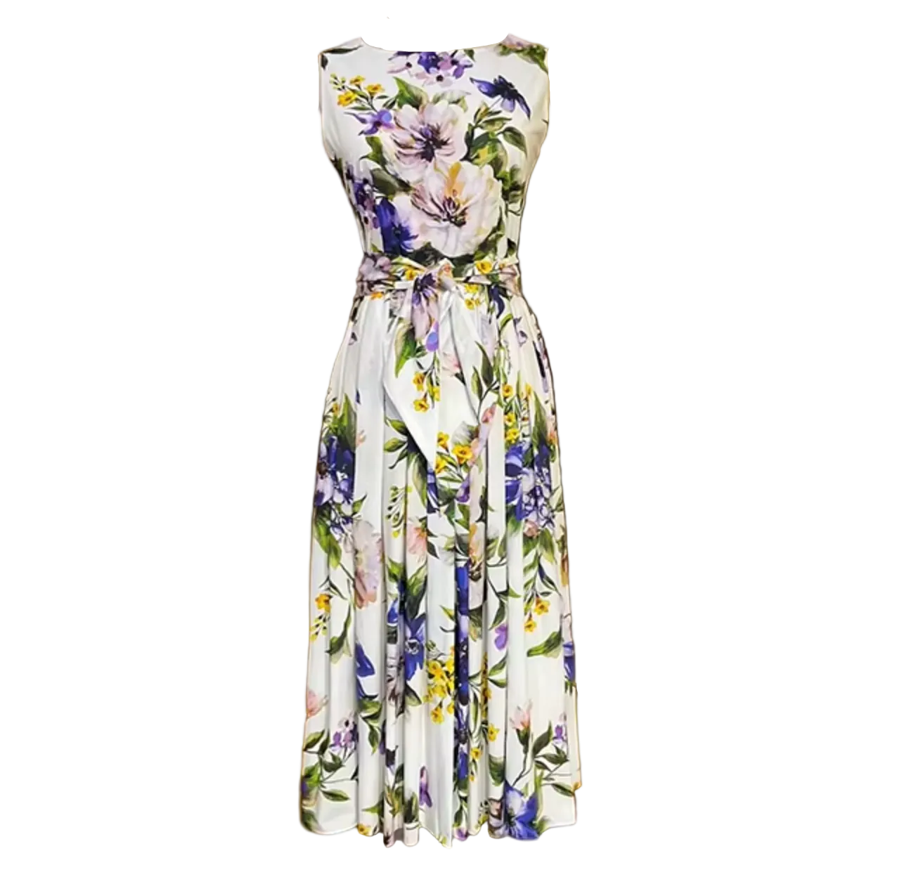 italian summer floral white midi dress with belt
