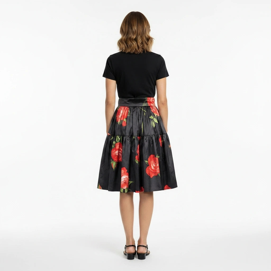 Midnight Roses Cotton Knee Length Skirt