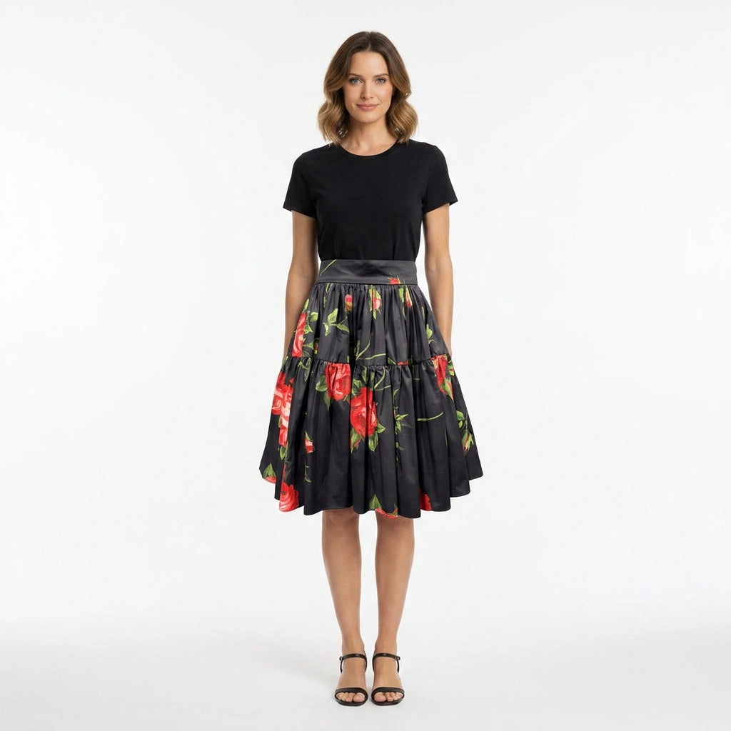Midnight Roses Cotton Knee Length Skirt