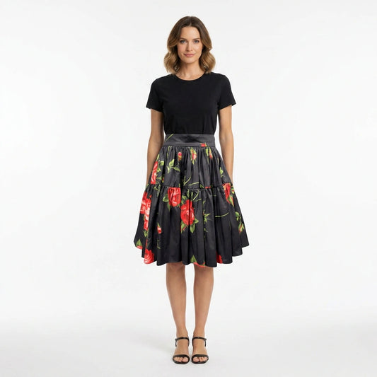 Midnight Roses Cotton Knee Length Skirt