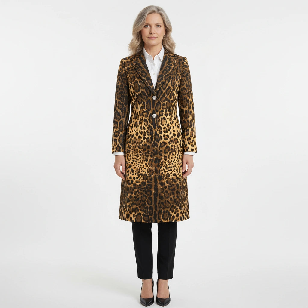 A woman modeling a mid-length leopard print coat over a white collared shirt, black pants, and black heels, photographed against a plain light gray studio background.