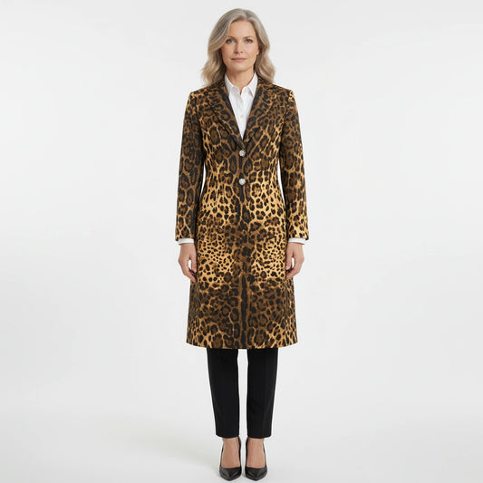 A woman modeling a mid-length leopard print coat over a white collared shirt, black pants, and black heels, photographed against a plain light gray studio background.