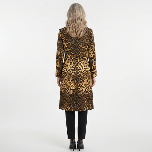 A woman viewed from behind wearing a leopard-print coat over black pants and black heels, standing against a plain light gray studio background.