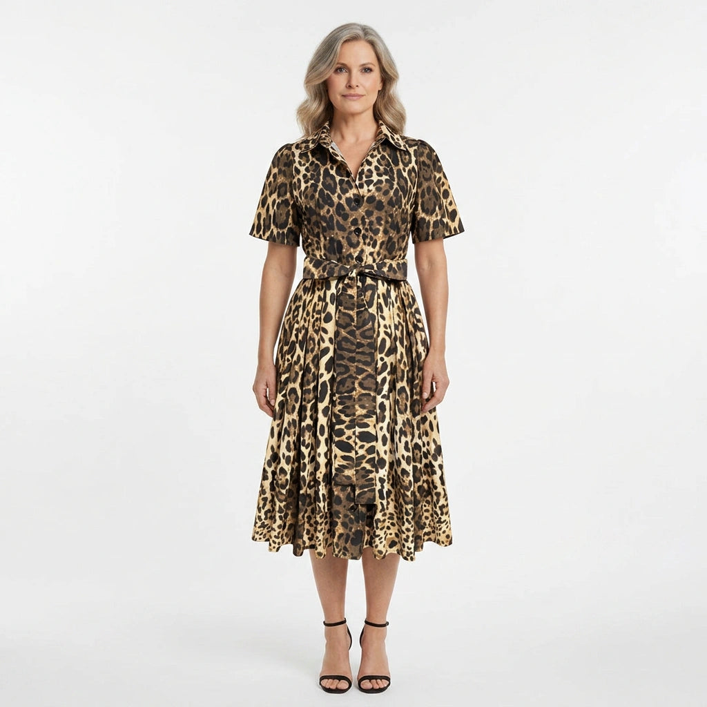 Leopard Print Cotton Midi Shirt Dress