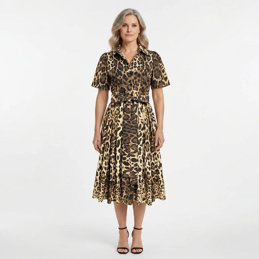 Leopard Print Cotton Midi Shirt Dress
