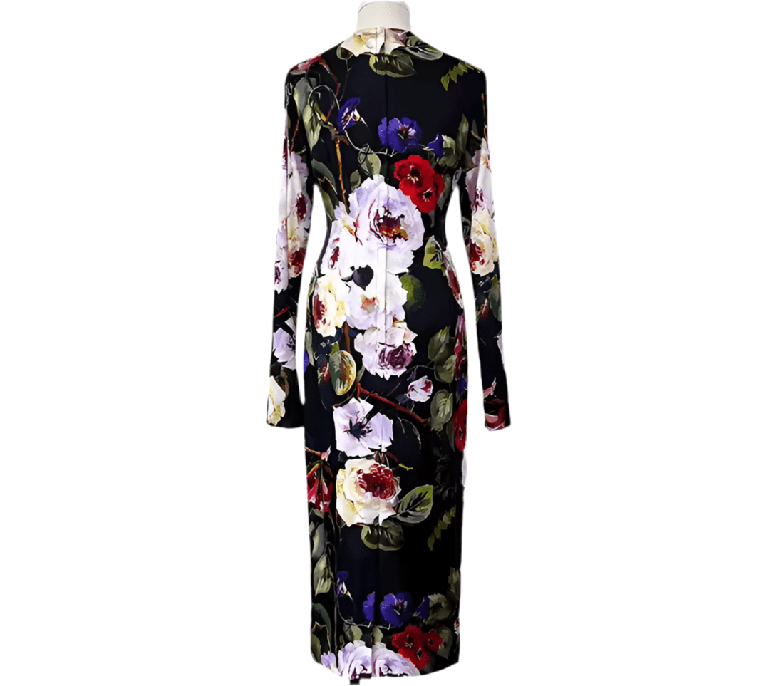 Long Sleeve 100% Silk Midi Dress in Bold Floral Print - Dress By Vicky